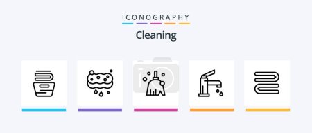Téléchargez les illustrations : Cleaning Line 5 Icon Pack Including housekeeping. cleaning. sweep. hanging. clothes. Creative Icons Design - en licence libre de droit