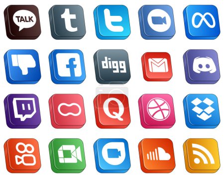 Illustration for 20 Isometric 3D Icons for Top Social Media Platforms such as email. digg. meta and facebook icons. Minimalist and professional - Royalty Free Image