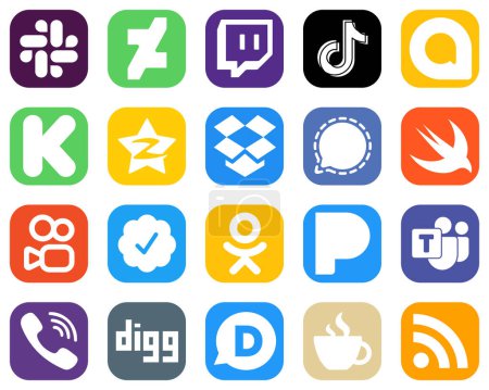 Téléchargez les illustrations : 20 Les icônes populaires des médias sociaux telles que le signal. google allo. dropbox et icônes tendues. Collection d'icônes dégradées - en licence libre de droit