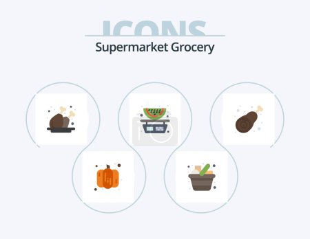 Téléchargez les illustrations : Grocery Flat Icon Pack 5 Icon Design. bone. watermelon. chicken. balance. food - en licence libre de droit
