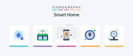 Téléchargez les illustrations : Smart Home Flat 5 Icon Pack Y compris caméra intelligente. fil. Appelle. Intelligent. à la maison. Icônes créatives Design - en licence libre de droit