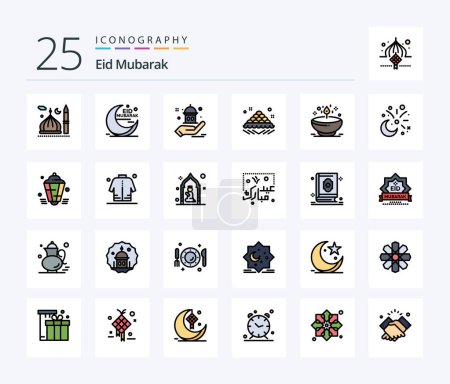 Téléchargez les illustrations : Eid Moubarak 25 Line Pack d'icônes rempli y compris ouvert. plat. cresent. Gentil. aide - en licence libre de droit