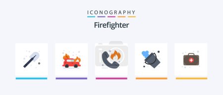 Téléchargez les illustrations : Pompier Flat 5 Icon Pack Y compris médecin. Sac. feu. outil. feu. Icônes créatives Design - en licence libre de droit