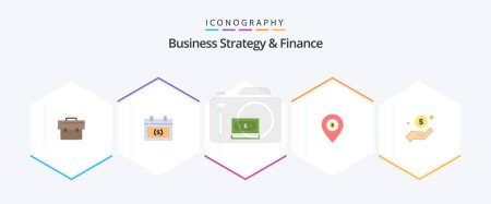 Téléchargez les illustrations : Business Strategy And Finance 25 Flat icon pack including dollar. map. date. location. currency - en licence libre de droit