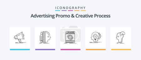 Téléchargez les illustrations : Advertising Promo And Creative Process Line 5 Icon Pack Including advertising. ad. television. thinking. head. Creative Icons Design - en licence libre de droit