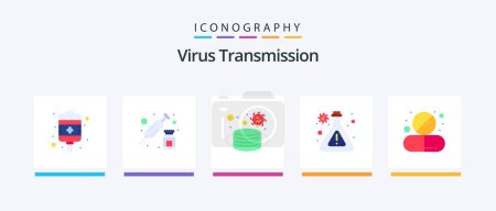 Téléchargez les illustrations : Virus Transmission Flat 5 Icon Pack Including drug. face. research. flask. Creative Icons Design - en licence libre de droit