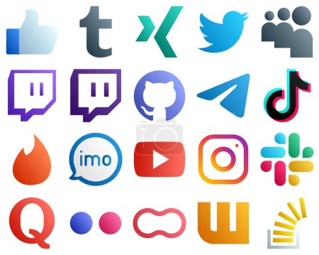 Illustration for 20 Simple Gradient Social Media Icons such as tinder. china. github. video and tiktok icons. Modern and minimalist - Royalty Free Image