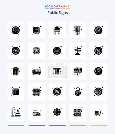 Téléchargez les illustrations : Creative Public Signs 25 Glyph Solid Black icon pack  Such As signs. phone. train. frame. phone - en licence libre de droit