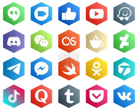 Illustration for 25 Clean White Icons such as deviantart. streaming. message. caffeine and messenger icons. Hexagon Flat Color Backgrounds - Royalty Free Image