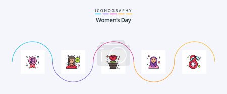 Téléchargez les illustrations : Womens Day Line Filled Flat Pack de 5 icônes y compris la mode. papillon. à la maison. beauté. femmes islamiques - en licence libre de droit