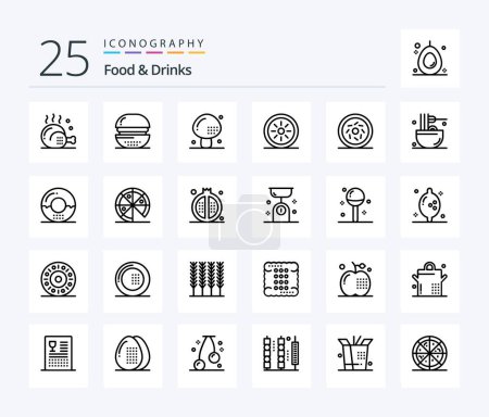 Téléchargez les illustrations : Food & Drinks Pack icône de 25 lignes incluant des légumes. la nourriture. la nourriture. champignon. produits alimentaires - en licence libre de droit