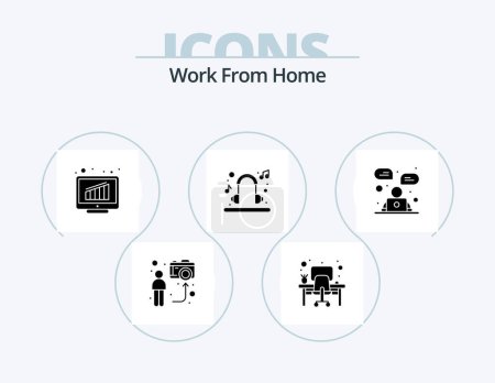 Téléchargez les illustrations : Work From Home Glyph Icon Pack 5 Icon Design. music. earphone. working area. relax. report - en licence libre de droit
