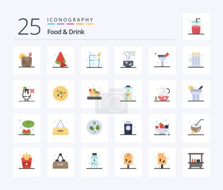 Téléchargez les illustrations : Food And Drink 25 Pack icône de couleur plate, y compris la tasse. restauration et restaurant. produits alimentaires. - en licence libre de droit