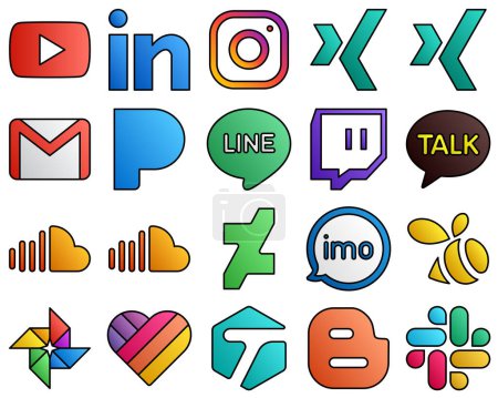 Illustration for Filled Line Style Social Media Icons music. soundcloud. gmail. kakao talk and line 20 High-quality icons - Royalty Free Image
