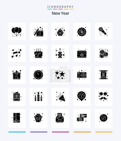 Téléchargez les illustrations : Creative New Year 25 Glyph Solid Black icon pack  Such As microphone. audio. bottle. year. new - en licence libre de droit