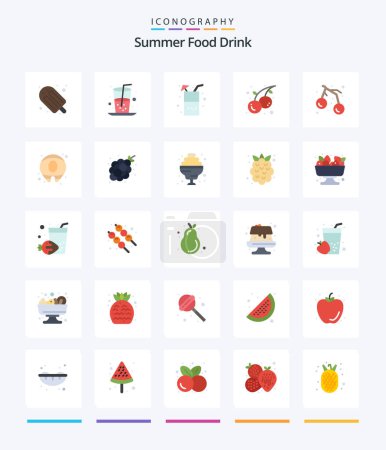 Téléchargez les illustrations : Creative Summer Food Drink 25 Pack icône plat tels que les fruits. Des grappes de raisins. la nourriture. saumon. été - en licence libre de droit