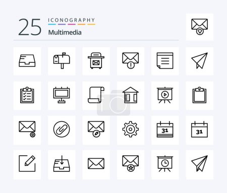 Illustration for Multimedia 25 Line icon pack including board. tasks. message. list. plane - Royalty Free Image