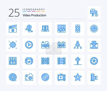 Ilustración de Producción de vídeo Paquete de iconos de 25 colores azules incluyendo reloj. cine. Vídeo. Vídeo. móvil - Imagen libre de derechos