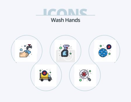 Téléchargez les illustrations : Lavez-vous les mains ligne rempli Icône Pack 5 Icône Design. médical. virus. Serviette. rapport. fichier - en licence libre de droit