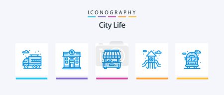 Téléchargez les illustrations : Pack d'icônes City Life Blue 5 inclus. Le bus. la vie. la vie. terrain de jeu. Icônes créatives Design - en licence libre de droit