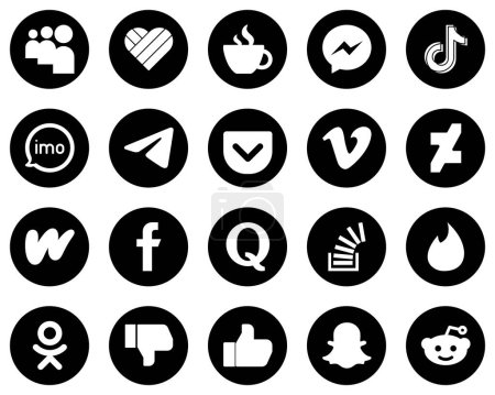 Illustration for 20 High-Quality White Social Media Icons on Black Background such as telegram. video. tiktok and audio icons. Fully editable and unique - Royalty Free Image