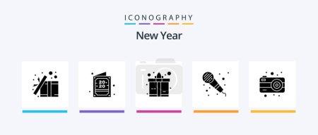 Téléchargez les illustrations : Ensemble d'icônes Glyphe 5 du Nouvel An incluant la photographie. caméra. nouvel an. micro. audio. Icônes créatives Design - en licence libre de droit