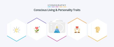 Illustration for Concious Living And Personality Traits 25 Flat icon pack including heart. compassion. heart. care. training - Royalty Free Image