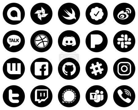 Illustration for 20 Modern White Social Media Icons on Black Background such as facebook. slack. kakao talk. pandora and text icons. High-quality and modern - Royalty Free Image