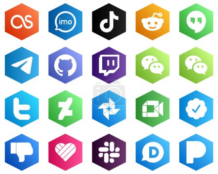 Illustration for 25 White Hexagon Flat Color Icons such as wechat. github. china and telegram icons. Business and Marketing - Royalty Free Image