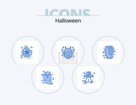 Téléchargez les illustrations : Halloween Blue Icon Pack 5 Icon Design. holidays. coffin. spider. sign. frankenstein - en licence libre de droit