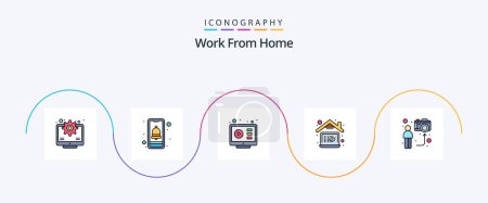 Téléchargez les illustrations : Work From Home Line Rempli plat Pack de 5 icônes, y compris blogueur. ordinateur portable. communication. à la maison. tutoriel - en licence libre de droit