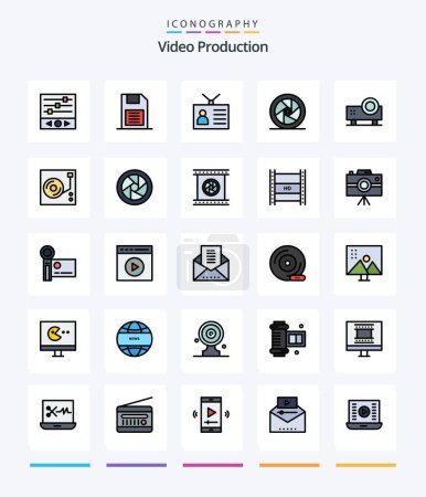 Téléchargez les illustrations : Creative Video Production Pack d'icônes filmées de 25 lignes, comme une star de cinéma. célébrité. Carte SD. vintage. dispositif de sortie - en licence libre de droit