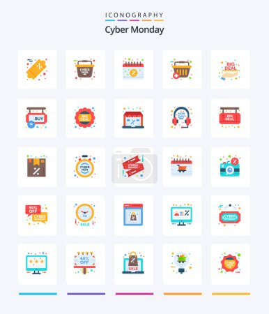 Ilustración de Creative Cyber Monday 25 Flat icon pack  Such As hand. big deal. date. shopping basket. plus - Imagen libre de derechos