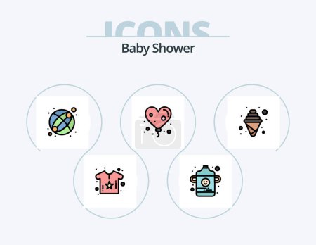 Téléchargez les illustrations : Baby Shower Line Filled Icon Pack 5 Icon Design. cute. baby. shower duck. present. food - en licence libre de droit