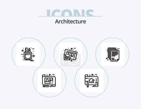 Téléchargez les illustrations : Architecture Line Icon Pack 5 Icône Design. ordinateur portable. à la maison. Les escaliers. du papier. architecture d'entreprise - en licence libre de droit
