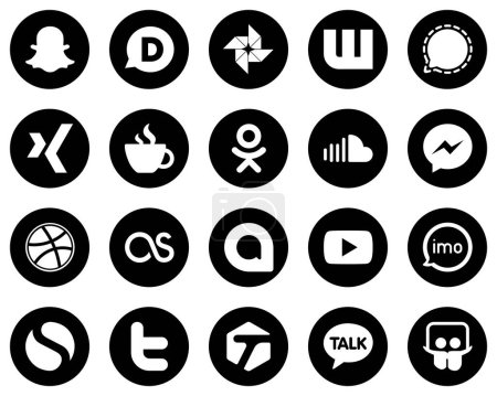 Ilustración de 20 Clean White Social Media Icons on Black Background such as fb. messenger. caffeine. music and soundcloud icons. Versatile and high-quality - Imagen libre de derechos