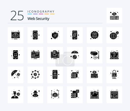 Téléchargez les illustrations : Web Security 25 Solid Glyph icon pack including email. mobile. mobile. code. shield - en licence libre de droit