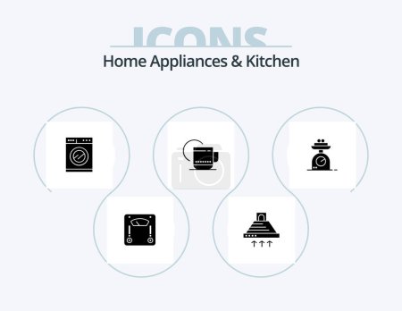 Téléchargez les illustrations : Home Appliances And Kitchen Glyph Icon Pack 5 Icon Design. hood. home. service. weight. scale - en licence libre de droit
