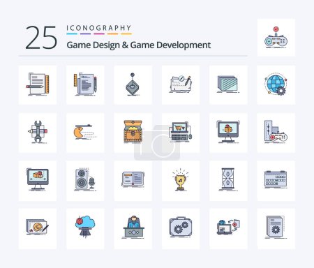 Ilustración de Game Design And Game Development 25 Line Filled icon pack including layout. design. joystick. role. mission - Imagen libre de derechos