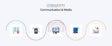 Ilustración de Comunicación y medios Flat 5 Icon Pack Incluyendo dirección. contacto. Ordenador. Libro. en línea - Imagen libre de derechos