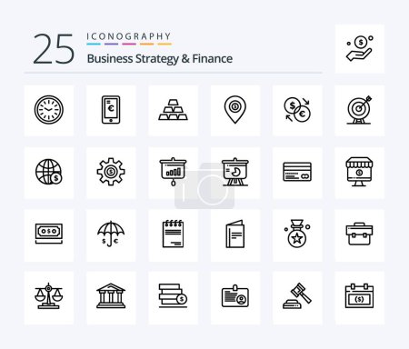 Téléchargez les illustrations : Business Strategy And Finance 25 Line icon pack including pin . location . shopping. gold bar - en licence libre de droit
