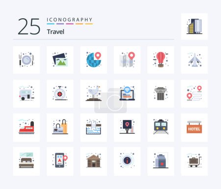 Téléchargez les illustrations : Pack d'icônes Travel 25 Flat Color comprenant la navigation. carte. images. la ville. le - en licence libre de droit