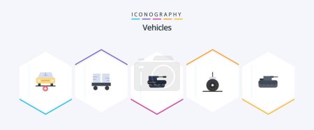 Illustration for Vehicles 25 Flat icon pack including submarine. bathyscaph. forklift truck. tank. military - Royalty Free Image