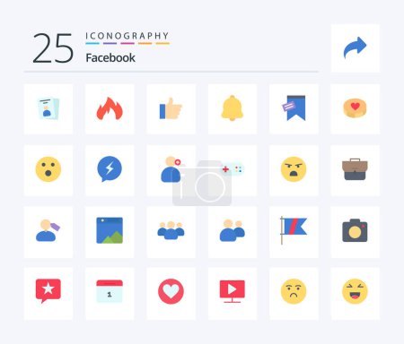 Ilustración de Facebook 25 Flat Color paquete de iconos incluyendo etiqueta. Sonido. La mano. notificación. alerta - Imagen libre de derechos