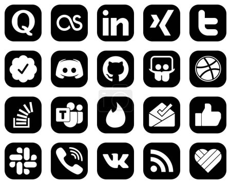 Ilustración de 20 Iconos únicos de medios sociales blancos sobre fondo negro, como preguntas. dribbble. twitter verificado insignia y slideshare iconos. Elegante y de alta resolución - Imagen libre de derechos