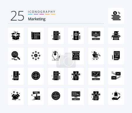 Ilustración de Comercialización 25 Paquete de iconos de Solid Glyph incluyendo computadora. globo. bosquejo. Móvil. bloc de notas - Imagen libre de derechos