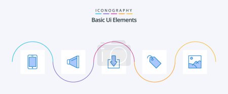 Téléchargez les illustrations : Basic Ui Elements Blue Pack de 5 icônes incluant le soleil. galerie. Descendez. image. étiquette - en licence libre de droit