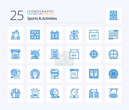 Téléchargez les illustrations : Sports & Activités Pack de 25 icônes de couleur bleue incluant les loisirs. directions. jeu de ludo. athlétisme. sport - en licence libre de droit