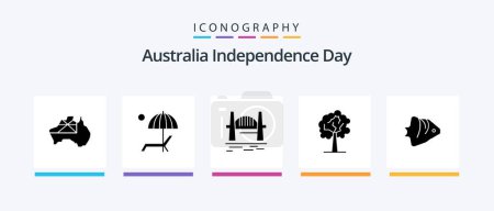 Téléchargez les illustrations : Australie fête de l'indépendance Glyphe 5 Icône Pack Y compris le poisson. plante. l'été. arbre. port. Icônes créatives Design - en licence libre de droit