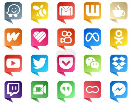 Ilustración de 20 Simple Chat bubble style Social Media Icons such as video. odnoklassniki. facebook and kuaishou icons. Modern and minimalist - Imagen libre de derechos